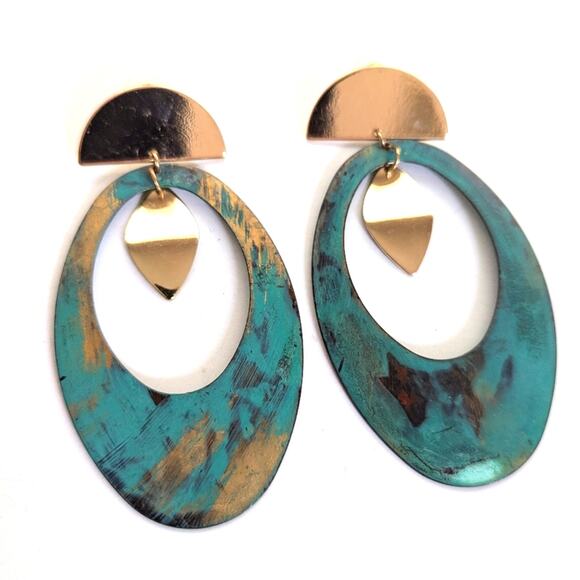 Bohemian Style Oxidized Patina Large Statement Dangle Art To Wear Post Earrings - Picture 2 of 4